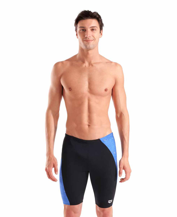 Arena men's ribbed swim jammer in black and royal multi, close-up of the fitted, textured swimwear fabric.