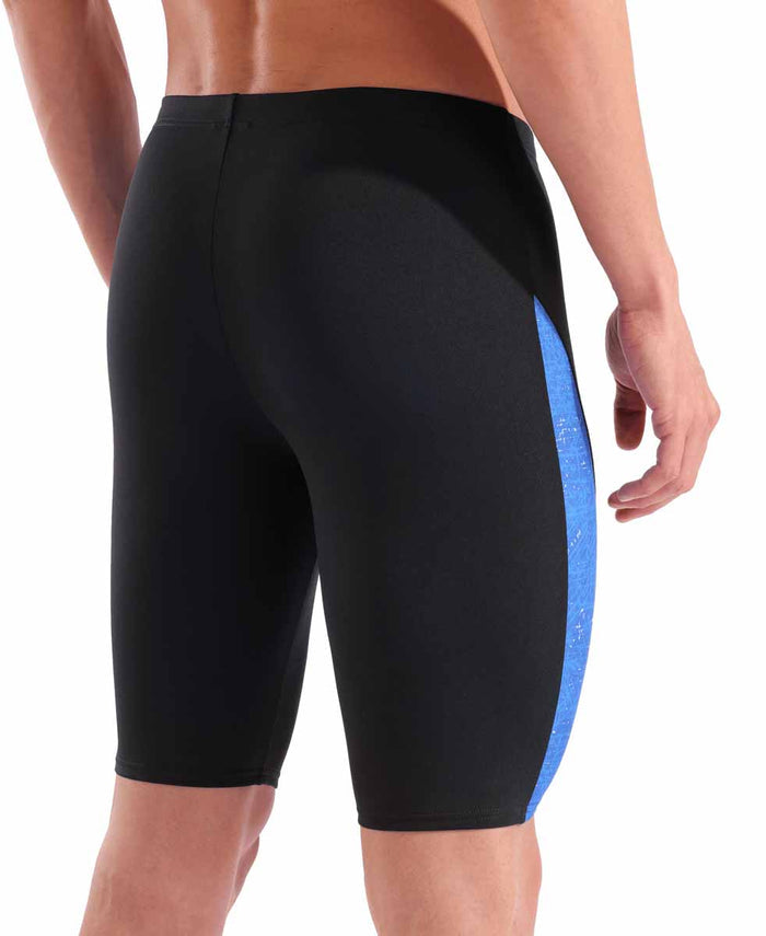Arena men's ribbed swim jammers in black and royal multi, close-up view of the fitted swimwear fabric and design.