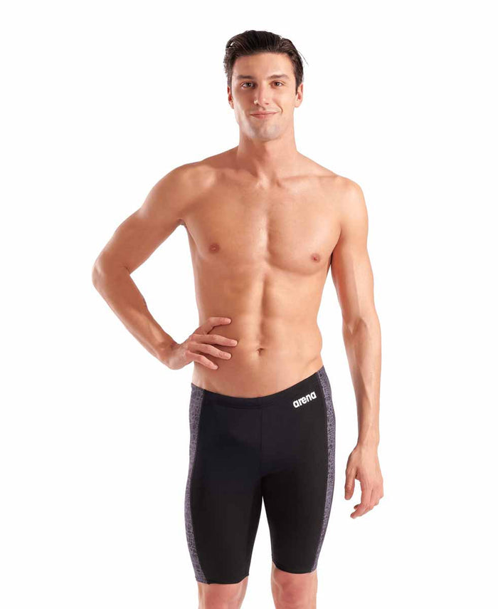 Arena men's snakeskin swim jammer in black and team black with a sleek snakeskin pattern for competitive swimming.