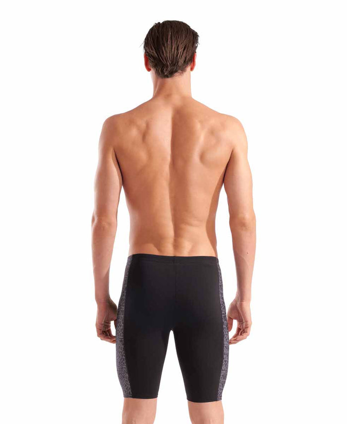 Arena men's snakeskin swim jammer in black and team black, designed for competitive swimming and performance.