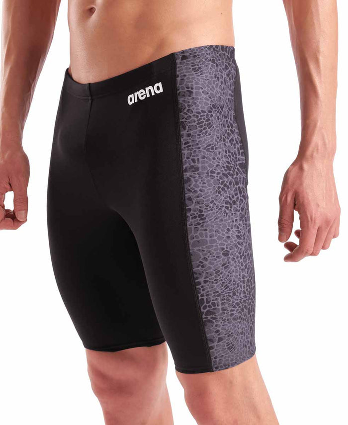 Arena men's snakeskin swim jammer in black and team black, featuring a sleek, form-fitting design for competitive swimming.