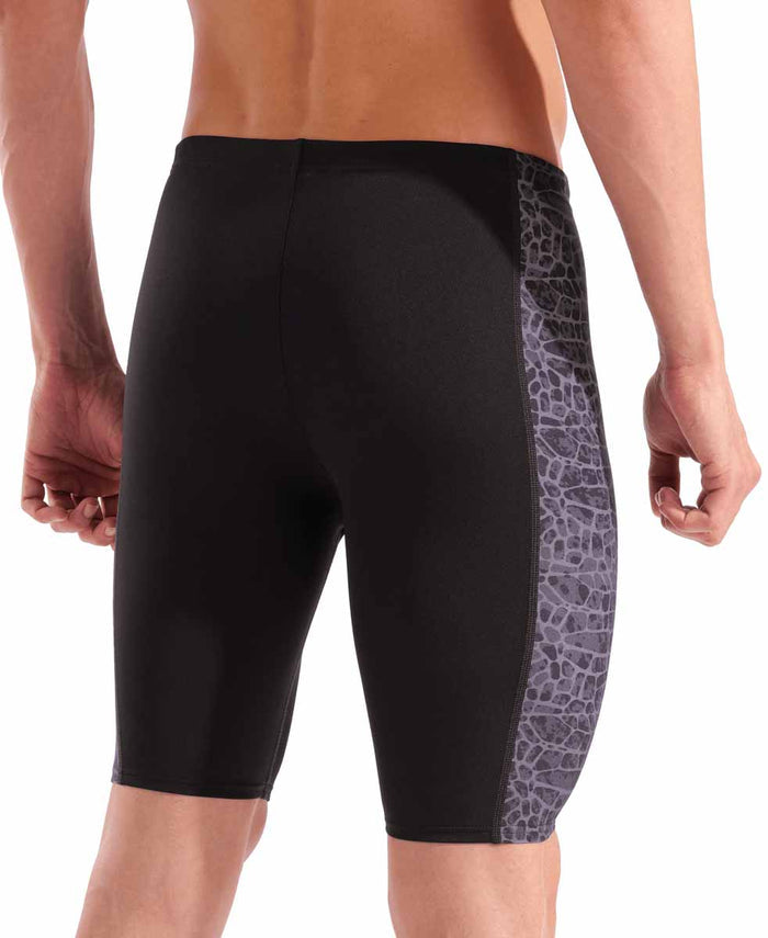 Arena men's snakeskin swim jammer in black and team black with a sleek, fitted design for competitive swimming.