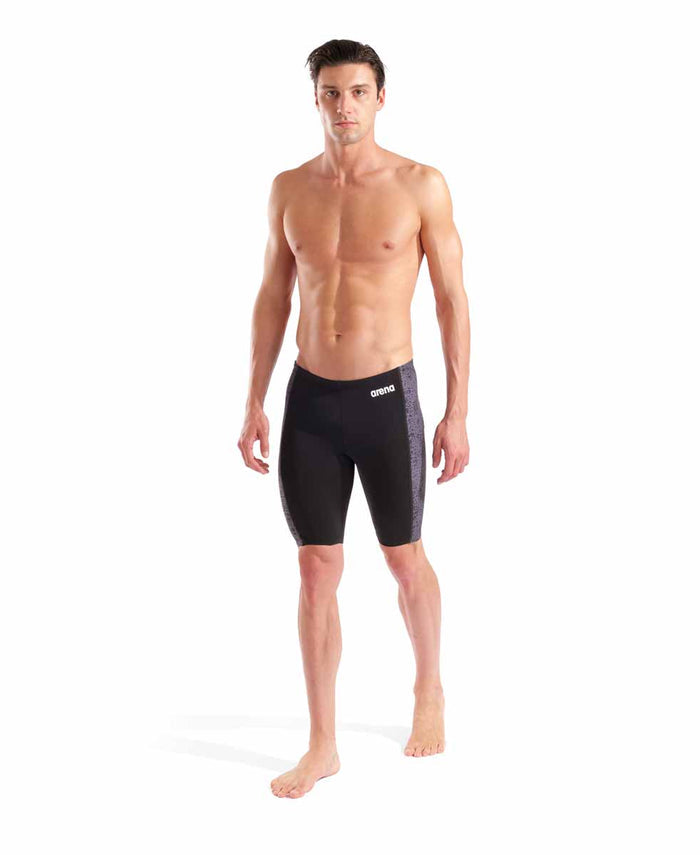 Arena men's snakeskin swim jammer in black and team black, featuring a sleek design for competitive swimming.