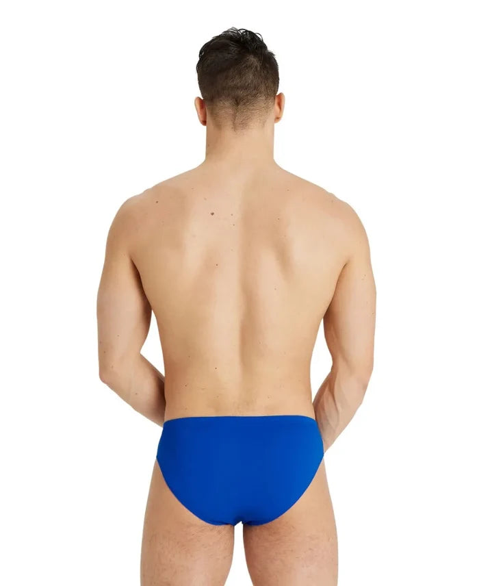 Blue Arena men's team swim briefs, snug fit, with solid design and elastic waistband, suitable for competitive swimming.