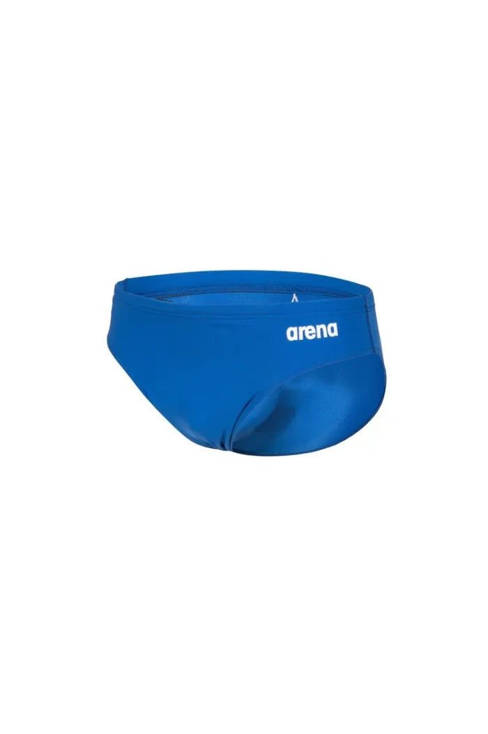 Blue Arena men's swim briefs with solid color design, featuring a snug fit and elastic waistband for competitive swimming.