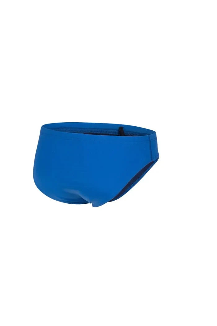 Blue Arena men's team swim briefs featuring a solid design, made for competitive swimming and training.