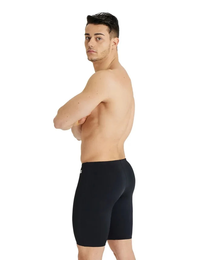 Black Arena men's swim jammer with a sleek, solid design, perfect for competitive swimming and training.