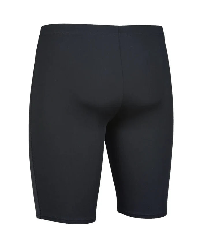 Black Arena men's team swim jammer, close-up view showing sleek, form-fitting design and durable fabric for competitive swimming.