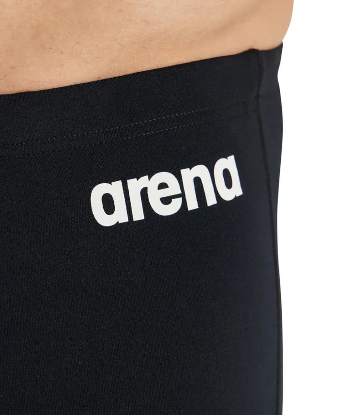 Black Arena men's swim jammer with a sleek, solid design, perfect for competitive and training swimming.