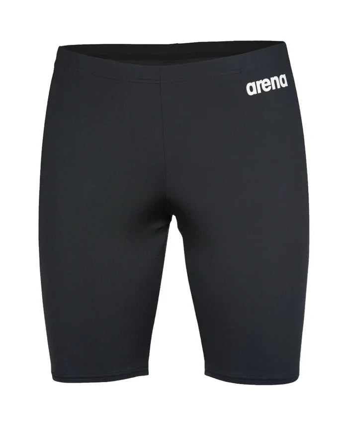 Black Arena men's team swim jammer, fitted swimwear designed for competitive swimming, featuring a streamlined, solid color design.