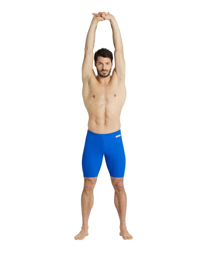 Blue Arena men's team swim jammer, fitted swimwear for competitive swimming, made with durable, streamlined fabric.