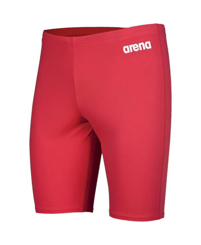 Arena men's team swim solid jammer, close-up of navy blue swim jammers with a sleek, streamlined fit for competitive swimming.