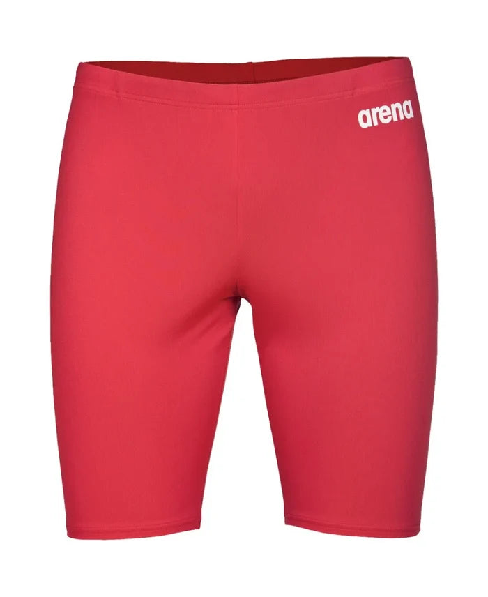 Arena men's team swim solid jammer, close-up of navy blue swim jammers with Arena logo on the side.