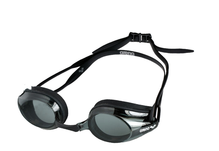 Black Arena Tracks goggles with adjustable strap and clear lenses, designed for swimming and aquatic sports.