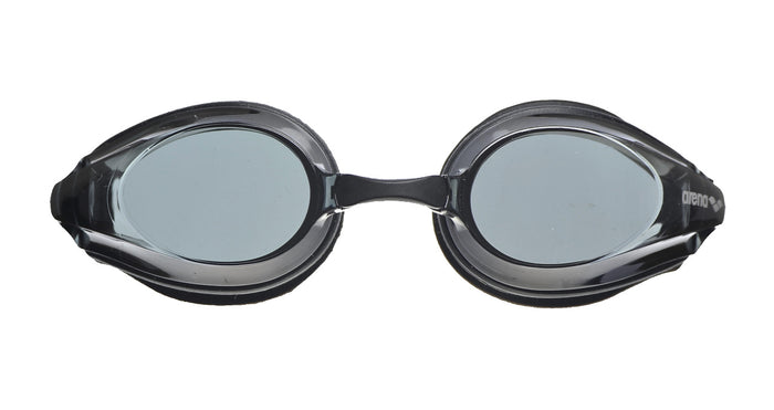 Black Arena Tracks goggles with adjustable straps and clear lenses for swimming or water sports.