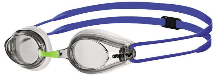 Blue Arena Tracks goggles with adjustable straps and clear lenses, designed for competitive swimming and water sports.