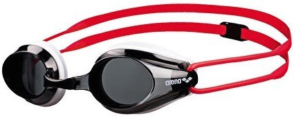 Arena Tracks Junior black goggles with adjustable strap and clear lenses for swimming.