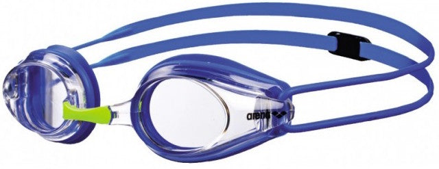 Arena Tracks Junior clear goggles with adjustable strap and swim lens for kids, designed for comfortable water activity.
