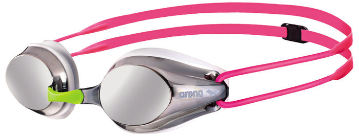 Arena Tracks Junior Mirror goggles in white with mirrored lenses, designed for young swimmers.