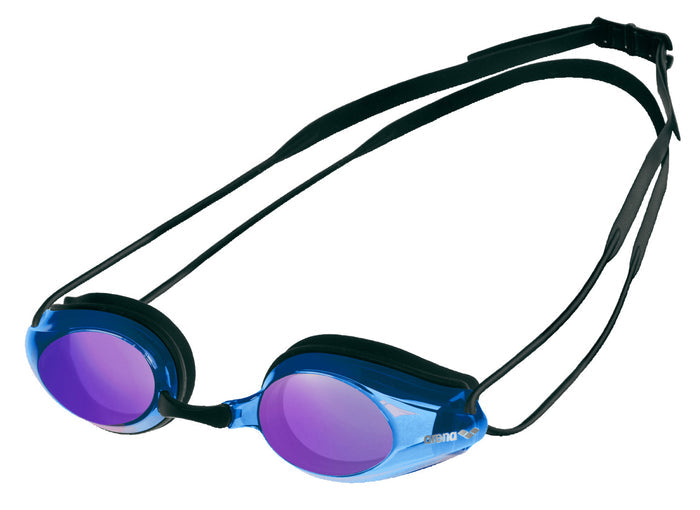 Arena Tracks Mirror goggles in black and purple with reflective lenses, designed for competitive swimming.