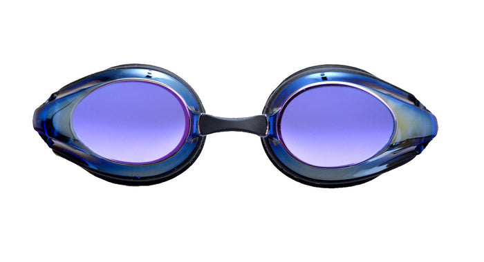 Arena Tracks Mirror goggles in black and purple with a sleek design and mirrored lenses for swimming or water sports.