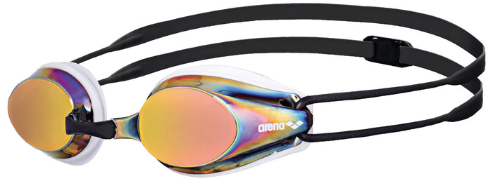 Arena Tracks Mirror White goggles featuring a sleek white frame and mirrored lenses for swimming.