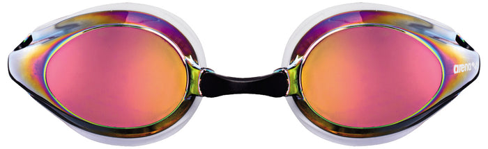 Arena Tracks Mirror white swimming goggles with mirrored lenses, adjustable strap, and swim-specific design for competitive swimming.