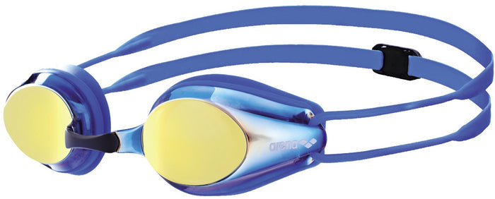 Blue Arena Tracks Mirror Junior goggles with adjustable straps and reflective lenses, designed for young swimmers.