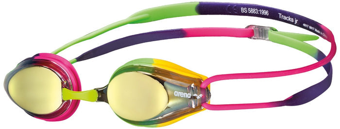 Pink Arena Tracks Mirror Junior goggles with mirrored lenses and adjustable straps for junior swimmers.
