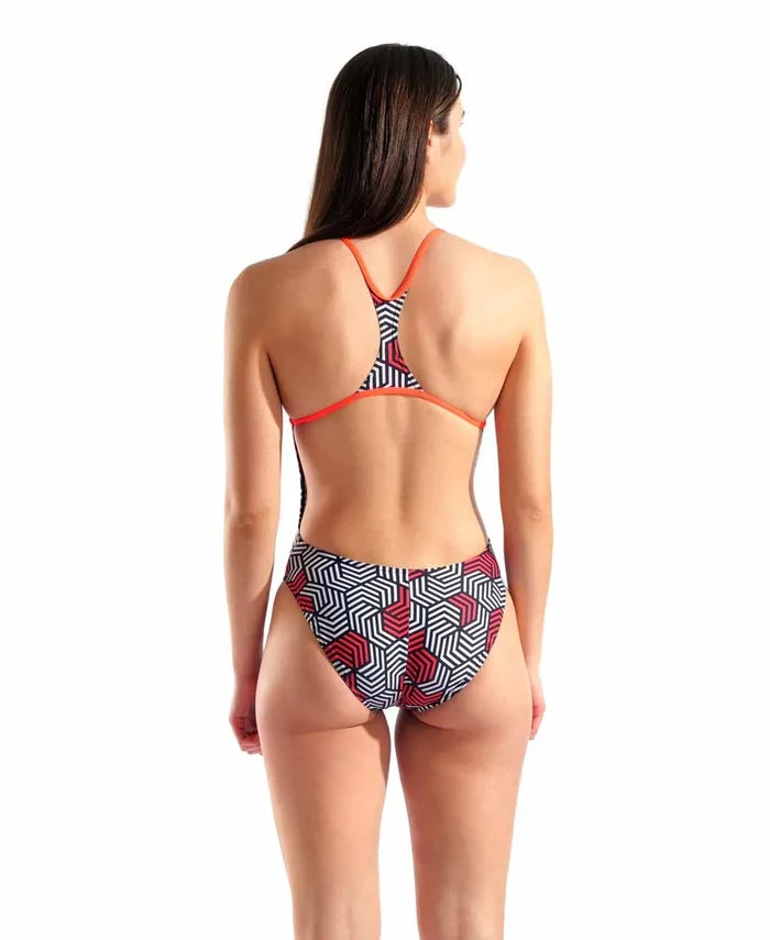 Arena women's Geometry Booster Back swimsuit in black and bright coral, featuring a sleek design and supportive fit.
