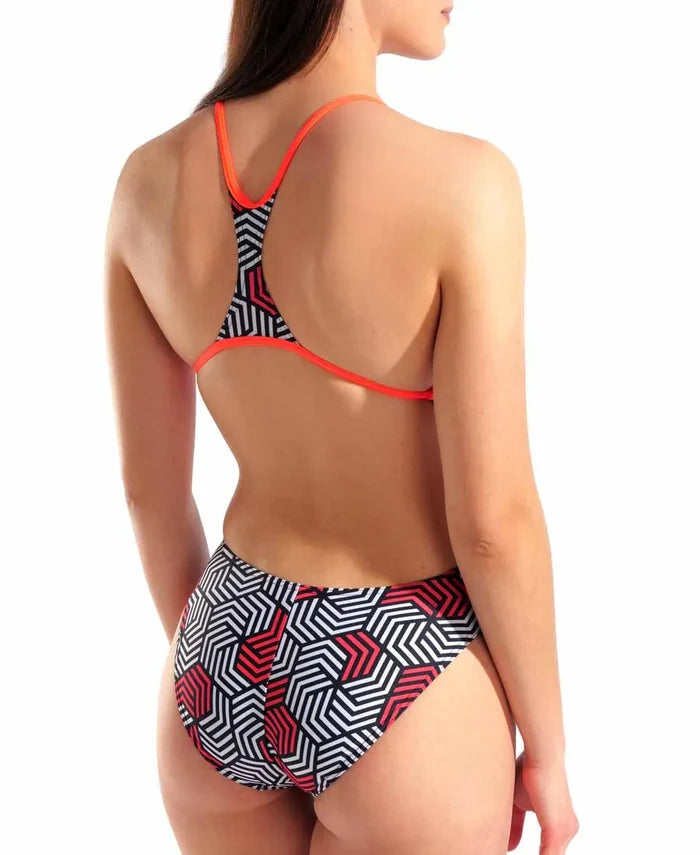 Arena women's Geometry Booster Back swimsuit in black and bright coral, featuring a supportive design and bold geometric pattern.