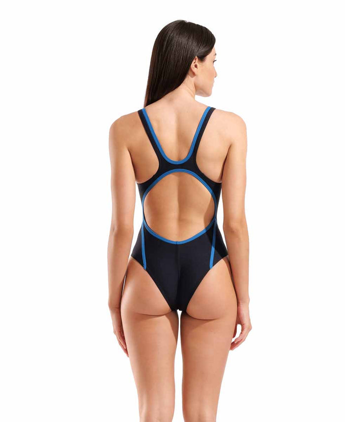 Arena women's Hyperflow solid tech back swimsuit in black and blue, featuring a sleek design and durable swim fabric.