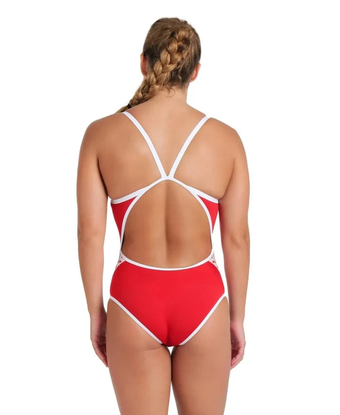 Red and white Arena women's Icon Super Fly Back swimsuit with sleek design, perfect for competitive swimming and training.