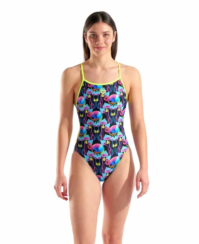 Arena women's multi Chameleons lace-back swimsuit in black, multi-color with Arctic Lime accents, designed for competitive swimming.
