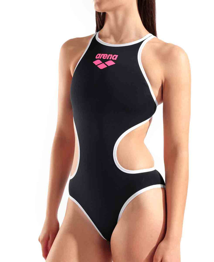 Arena women's one-piece swimsuit with large logo in black and white, designed for swimming and beachwear.