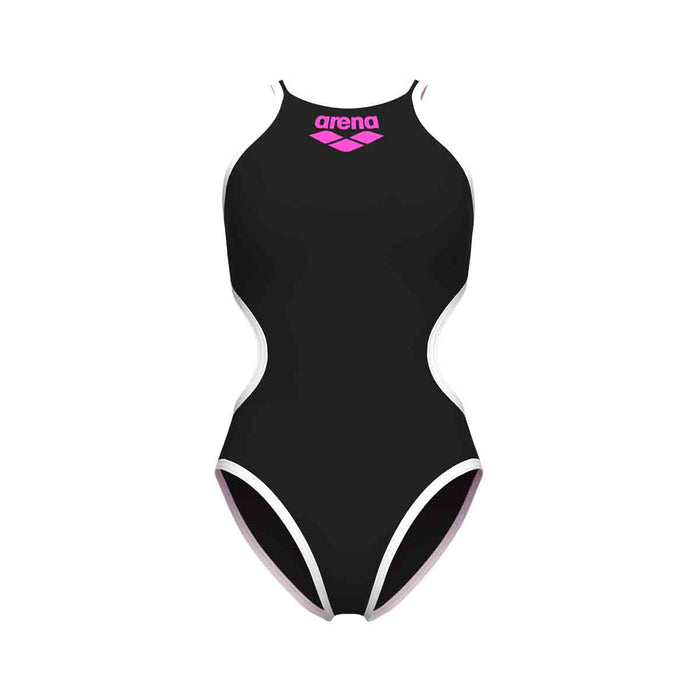 Arena women's one-piece swimsuit in black and white with a large logo, designed for stylish swimwear.
