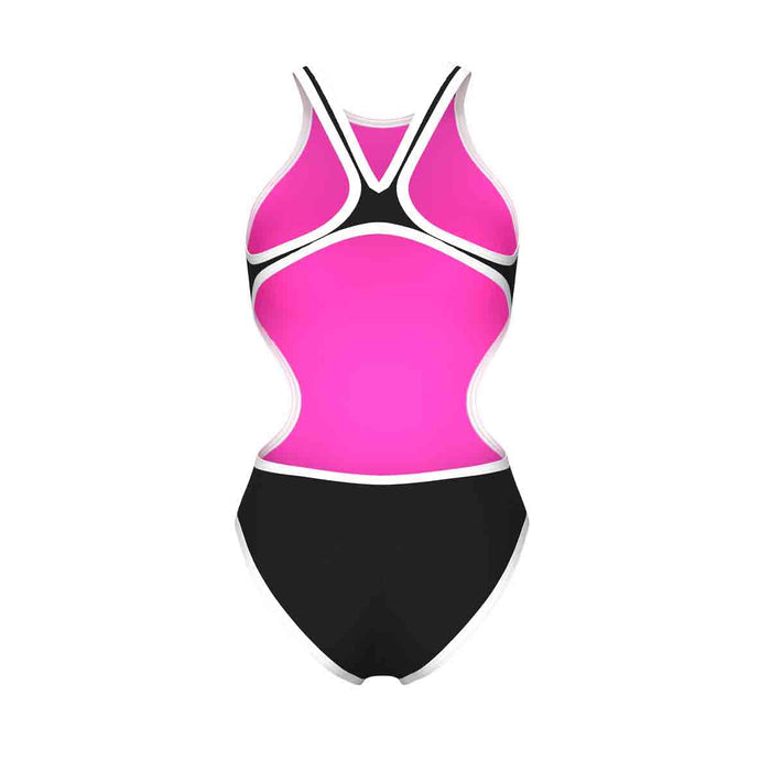 Arena women's one-piece swimsuit with bold logo in black and white, featuring a sleek, athletic design perfect for swimming.