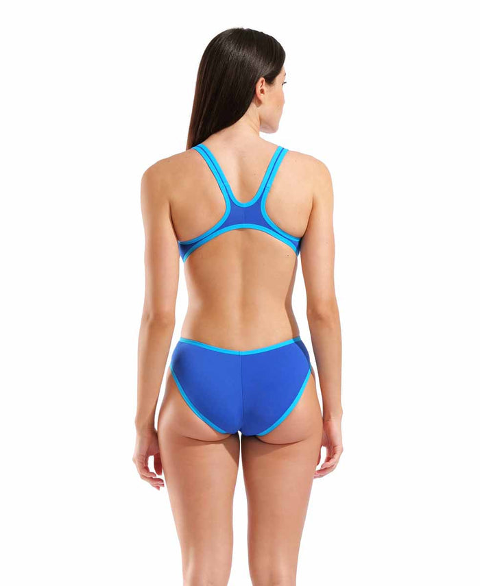 Arena women’s one-piece swimsuit in neon blue and turquoise with a large logo, designed for active swimming and beach outings.