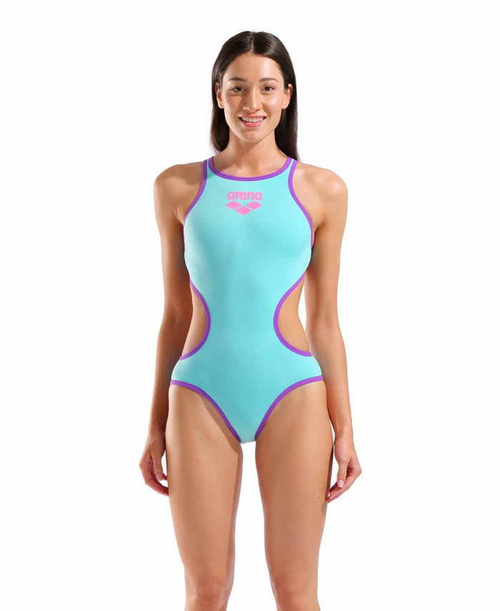 Arena women's one-piece swimsuit with large logo in water purple color, sleek fit, and stylish design.