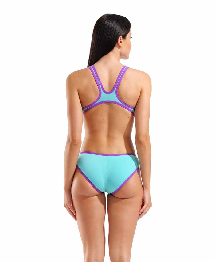 Arena women's one-piece swimsuit in water purple with bold logo design, made for swimwear and active swimming.