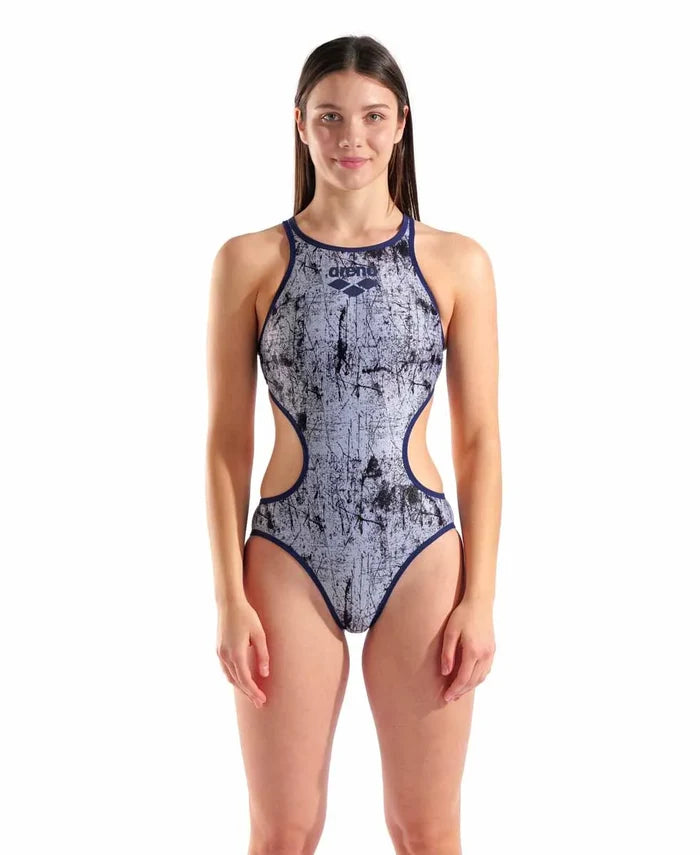 Arena Women's One Lacquer One-Piece Swimsuit in white and navy, featuring a sleek design and athletic fit for swimming and beachwear.