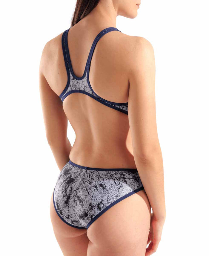 Arena women's One Lacquer one-piece swimsuit in white and navy, featuring a sleek, fitted design and sporty style.