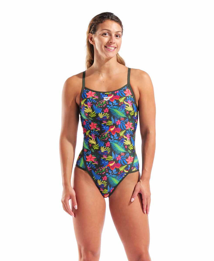 Arena women's Picture Super Fly back swimsuit in dark sage and multi-color with a stylish back design.