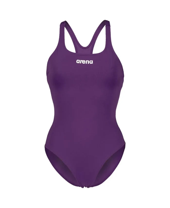 Arena Women's Solid Team Swim Pro swimsuit in plum and white, featuring a sleek, fitted design ideal for competitive swimming.