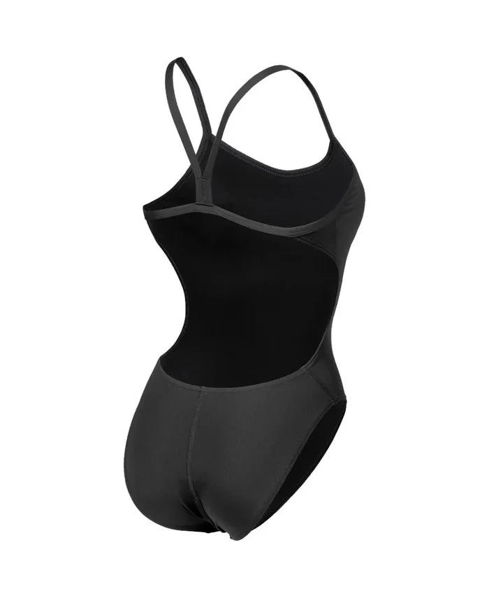 Black Arena Women's Team Challenge Solid Swimsuit, close-up image showing supportive one-piece design for competitive swimming.