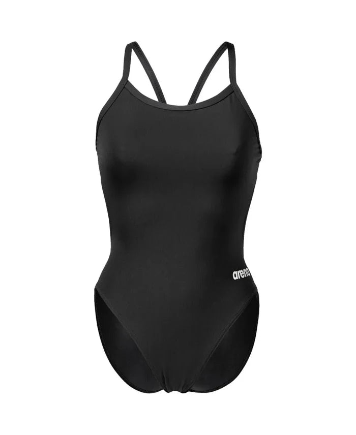 Black Arena Women's Team Challenge Solid Swimsuit displayed on a model, showcasing a sleek, fitted design for competitive swimming.