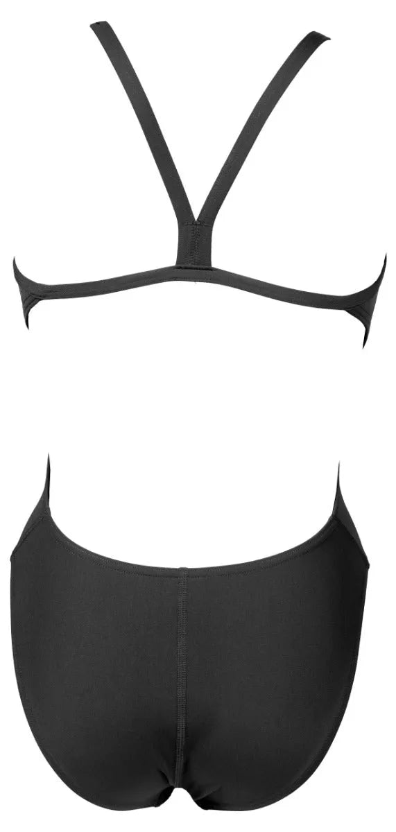 Black Arena Women's Team Challenge solid swimsuit displayed on a model, showcasing its sleek design and athletic fit.