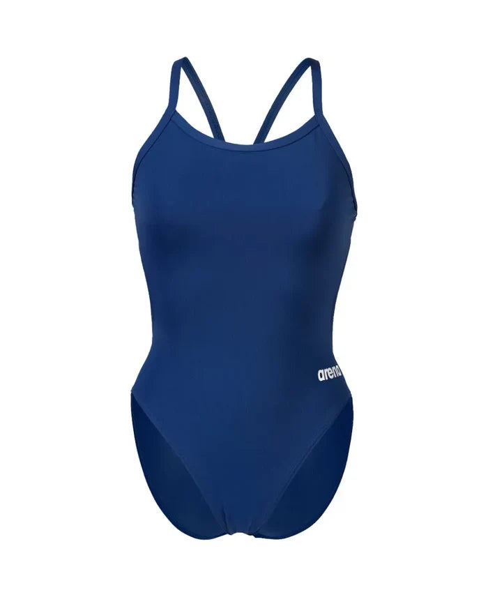 Arena Women's Team Challenge Solid Swimsuit in navy, featuring a sleek, one-piece design with supportive straps and smooth fabric.
