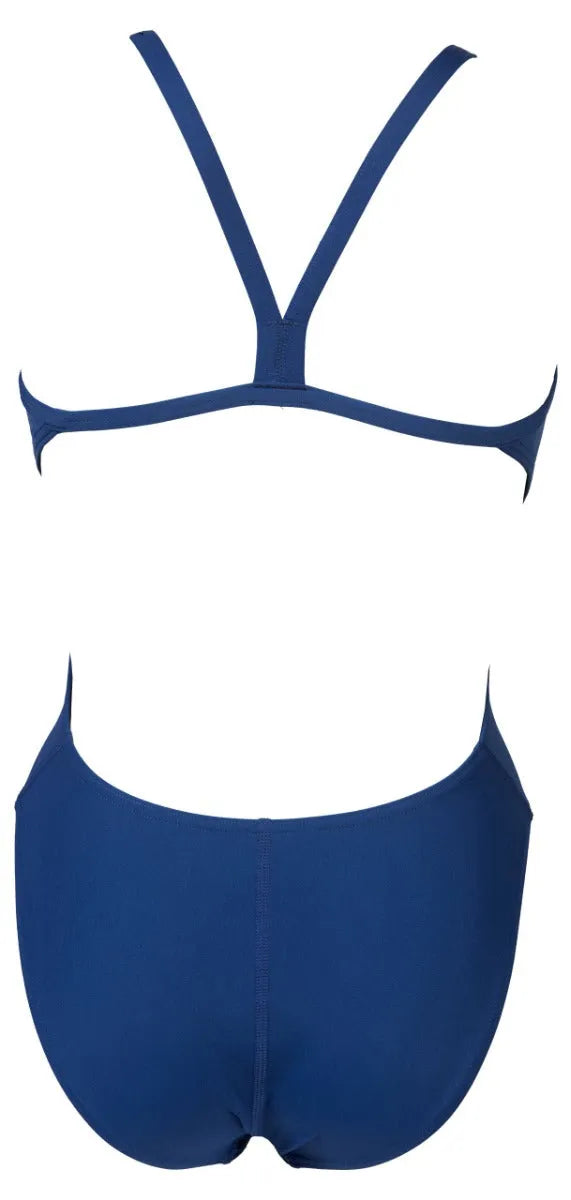 Navy Arena Women's Team Challenge Solid Swimsuit displayed on a model, showcasing the sleek, competitive swimwear design.