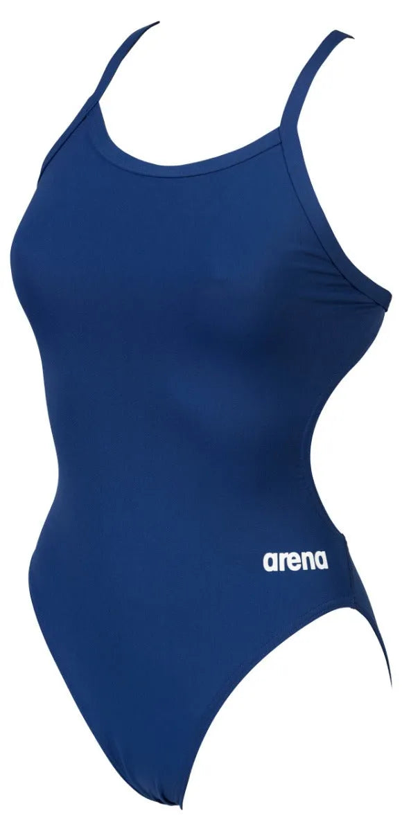 Arena Women's Team Challenge solid navy swimsuit, a sleek and comfortable one-piece swimwear for women.
